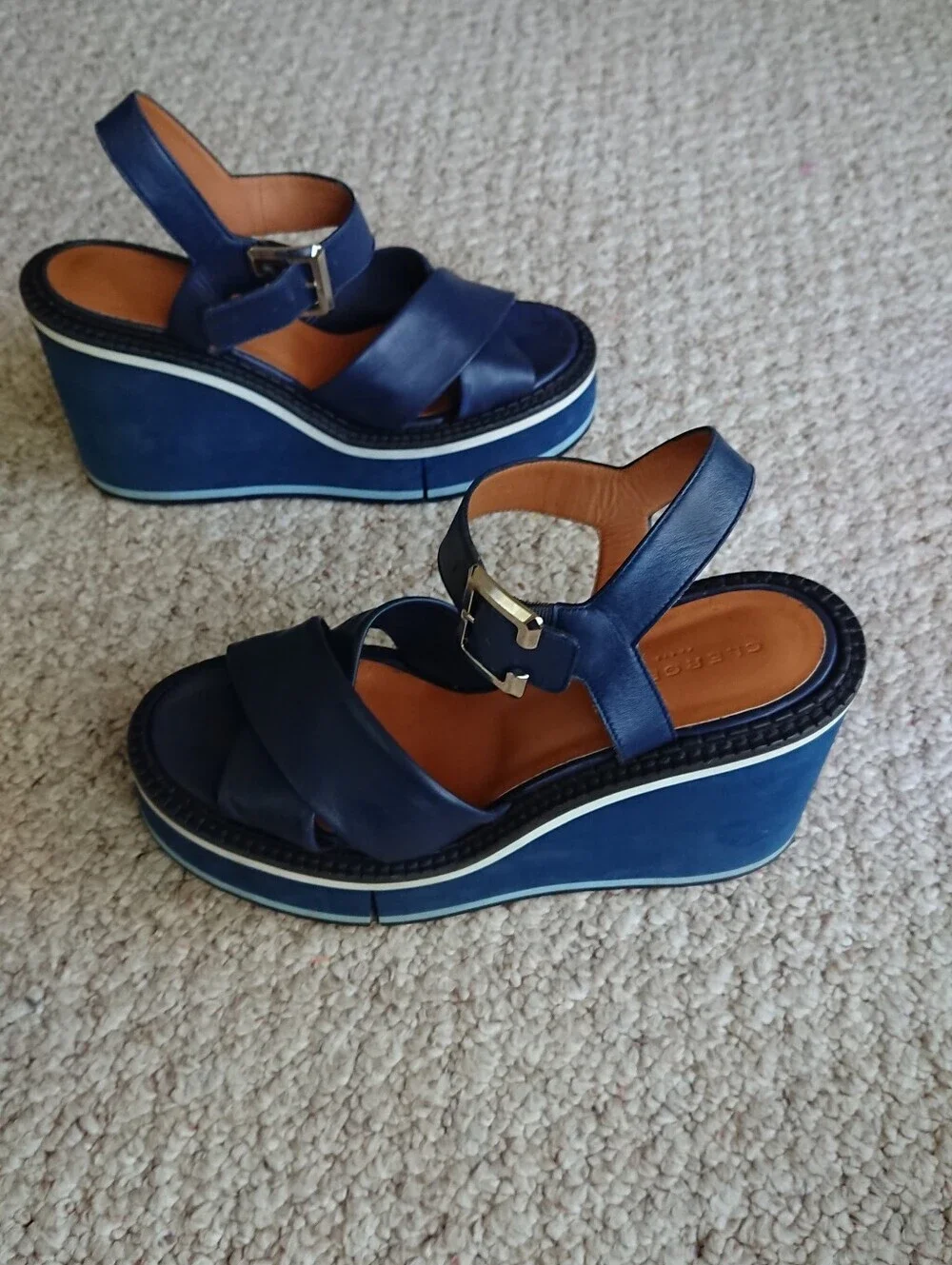 Robert Clergerie Noemie Navy Blue Platform Wedge Heeled Sandals size 8